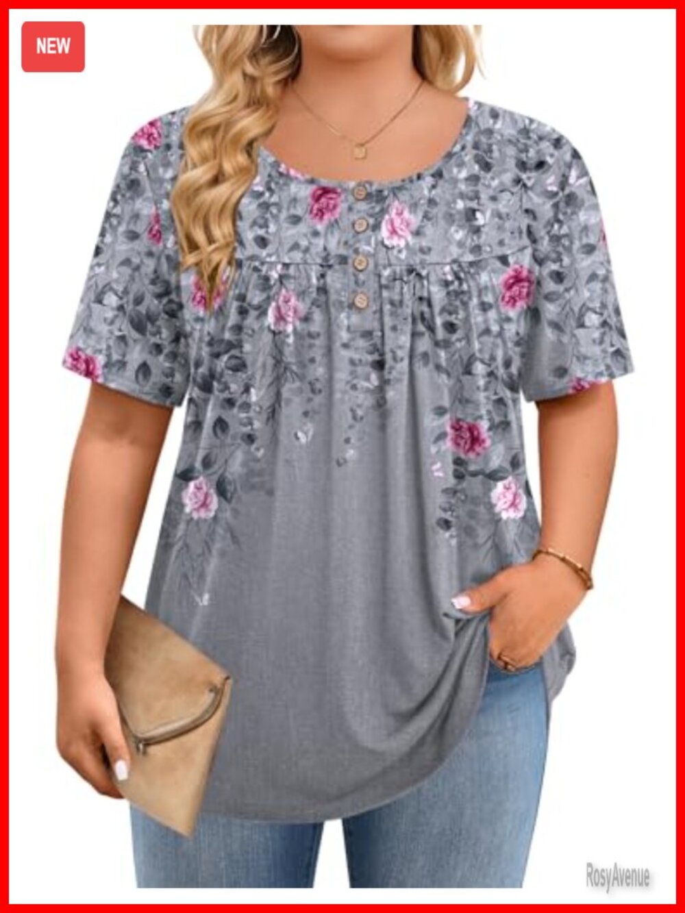 Plus Size Short Sleeve Tunic Top Floral Print Loose Fit 95% Polyester 5% Spandex